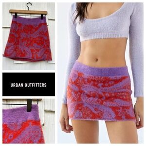 Urban Outfitters UO Maryanne Knit Fuzzy Mini Skirt Purple Red Paisley Print  L